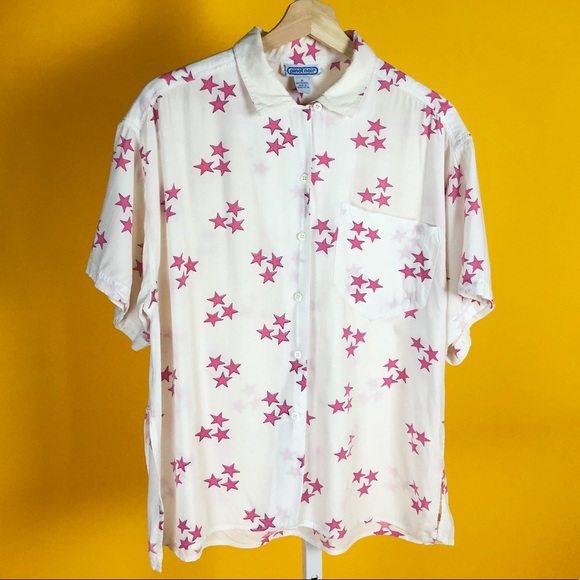 See Thru White Pink Star All Over Print Button-Up - Picture 5 of 6